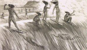 Drawing of Hawaiian Women Surfing